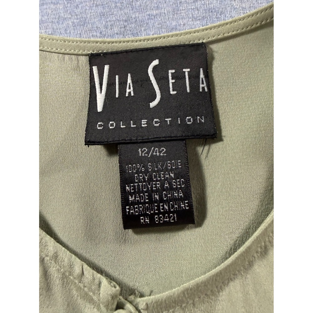 Via Seta Collection Silk 2 Piece Set Cardigan Blouse Sage Green Floral 12 14 - Picture 4 of 12